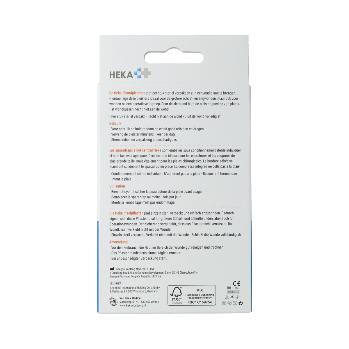 Hekaplast Eilandpleister 5cm x 7cm pack with 10 adhesive bandages, suitable for first aid and wound care.