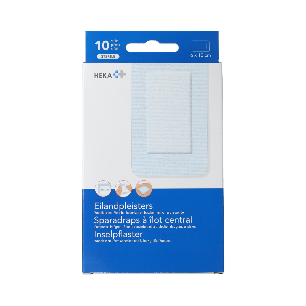Sterile Hekaplast Eilandpleister border 6cm x 10cm, pack of 10, adhesive wound dressings with breathable border.
