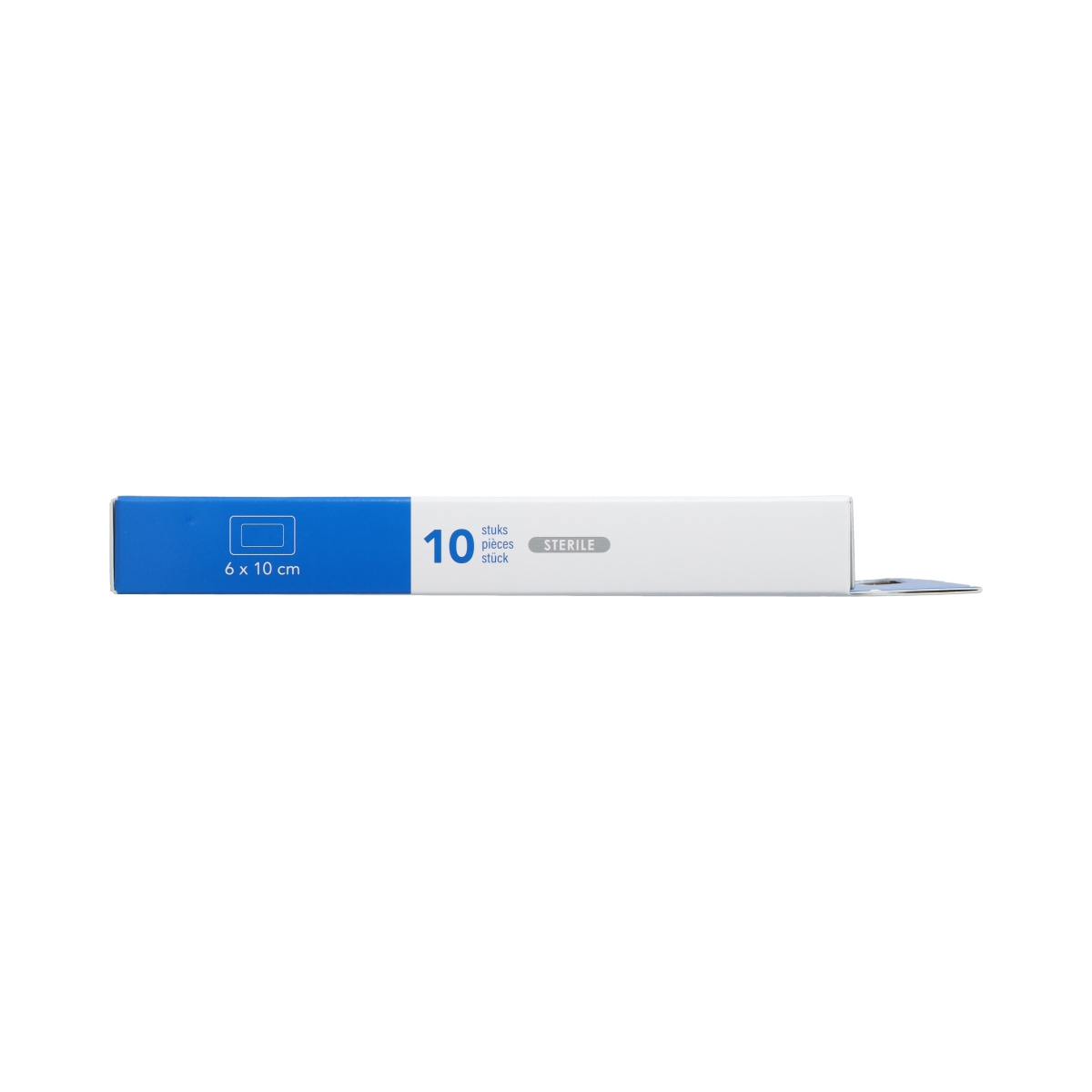 Sterile Hekaplast Eilandpleister border 6cm x 10cm for wound protection, shown in a pack of 10 sterile adhesive bandages.