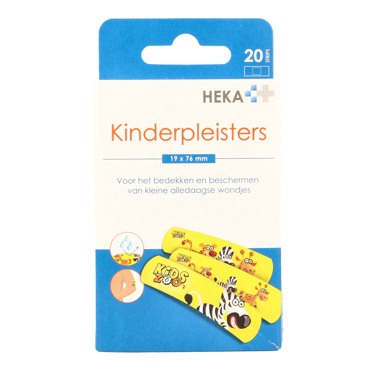 Heka Kinderpleister pack with 20 adhesive bandages, 19x76mm, suitable for children's minor cuts and wounds.