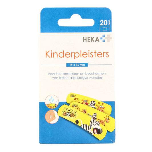 Heka Kinderpleister pack with 20 adhesive bandages, 19x76mm, suitable for children's minor cuts and wounds.