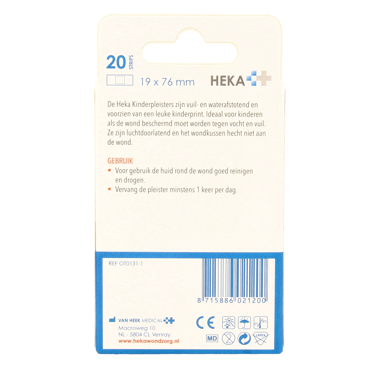 Heka Kinderpleisters 19x76mm, pack of 20, adhesive bandages suitable for children, in assorted colors and designs.
