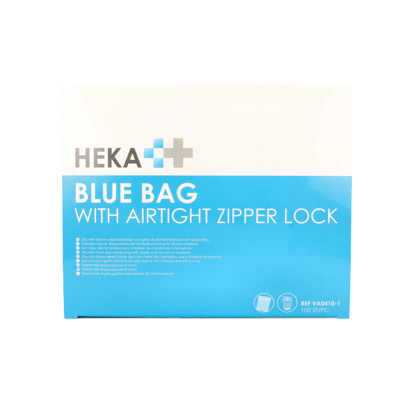 Heka Bluebag stoma afvalzakje with gripsluiting, non-sterile, 100 pieces, for catheter and urinary bag disposal.