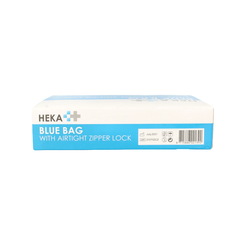 Heka Bluebag stoma afvalzakje with gripsluiting, non-sterile, 100 pieces, for urinary waste collection and catheter use.