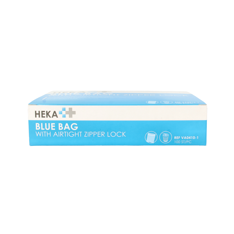 Heka Bluebag stoma afvalzakje with gripsluiting, non-sterile, pack of 100 for urinary and stoma waste management.