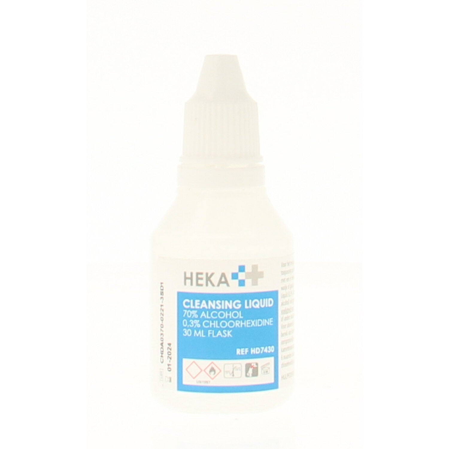 Heka cleansing liquid disinfectant bottle with 15ml capacity, used for sanitizing hands and surfaces.