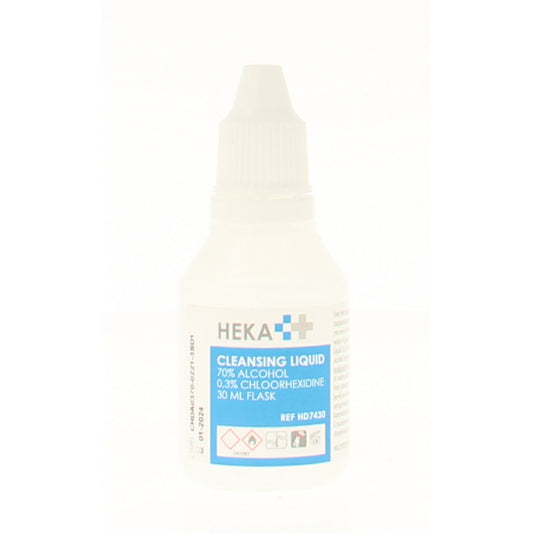 Heka cleansing liquid disinfectant bottle with 15ml capacity, used for sanitizing hands and surfaces.