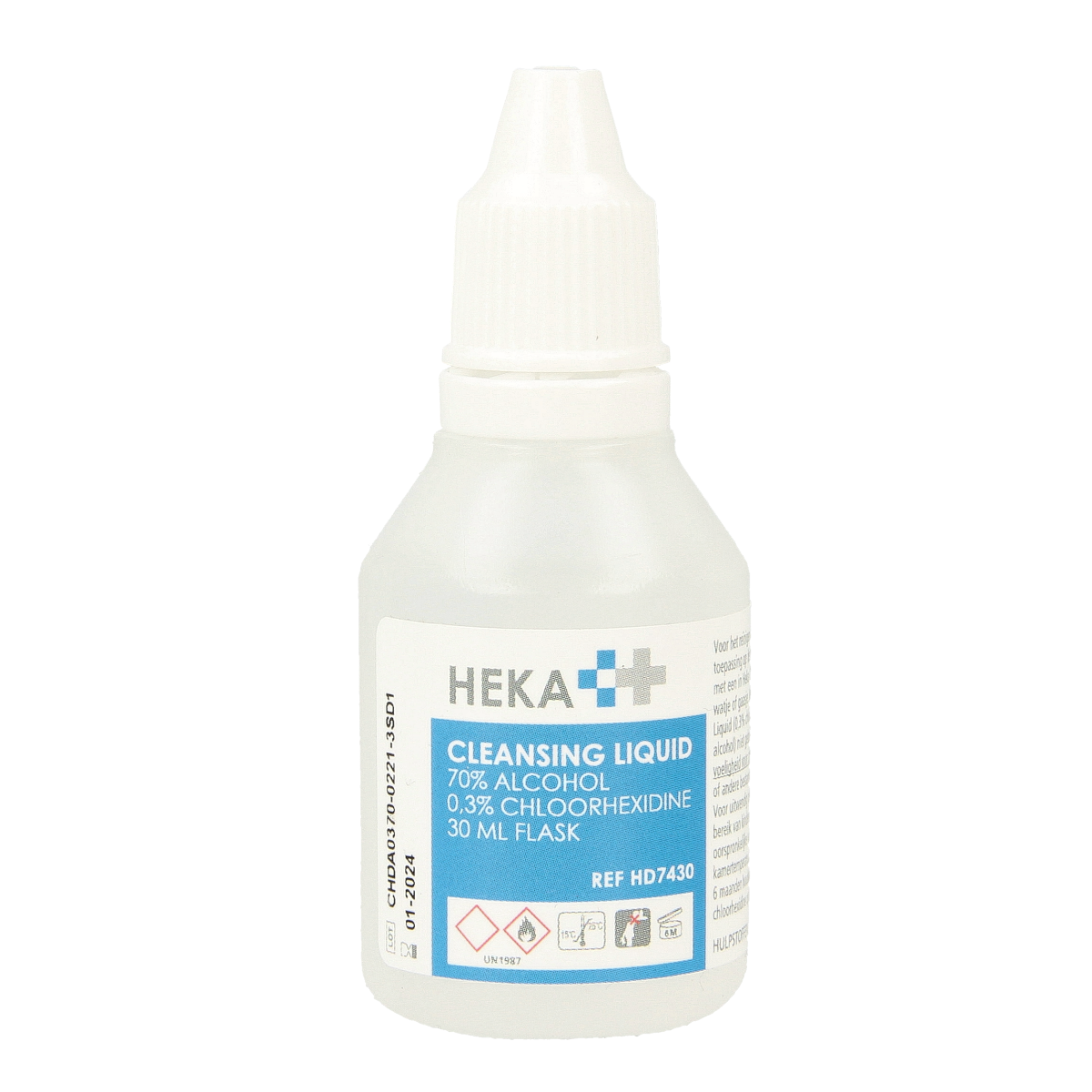 Heka disinfectant cleaning solution in a 30ml bottle, suitable for effective surface and skin disinfection.