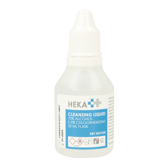 Heka cleansing liquid in a 30ml bottle, disinfectant product with clear label and cap, designed for cleaning and sanitizing.