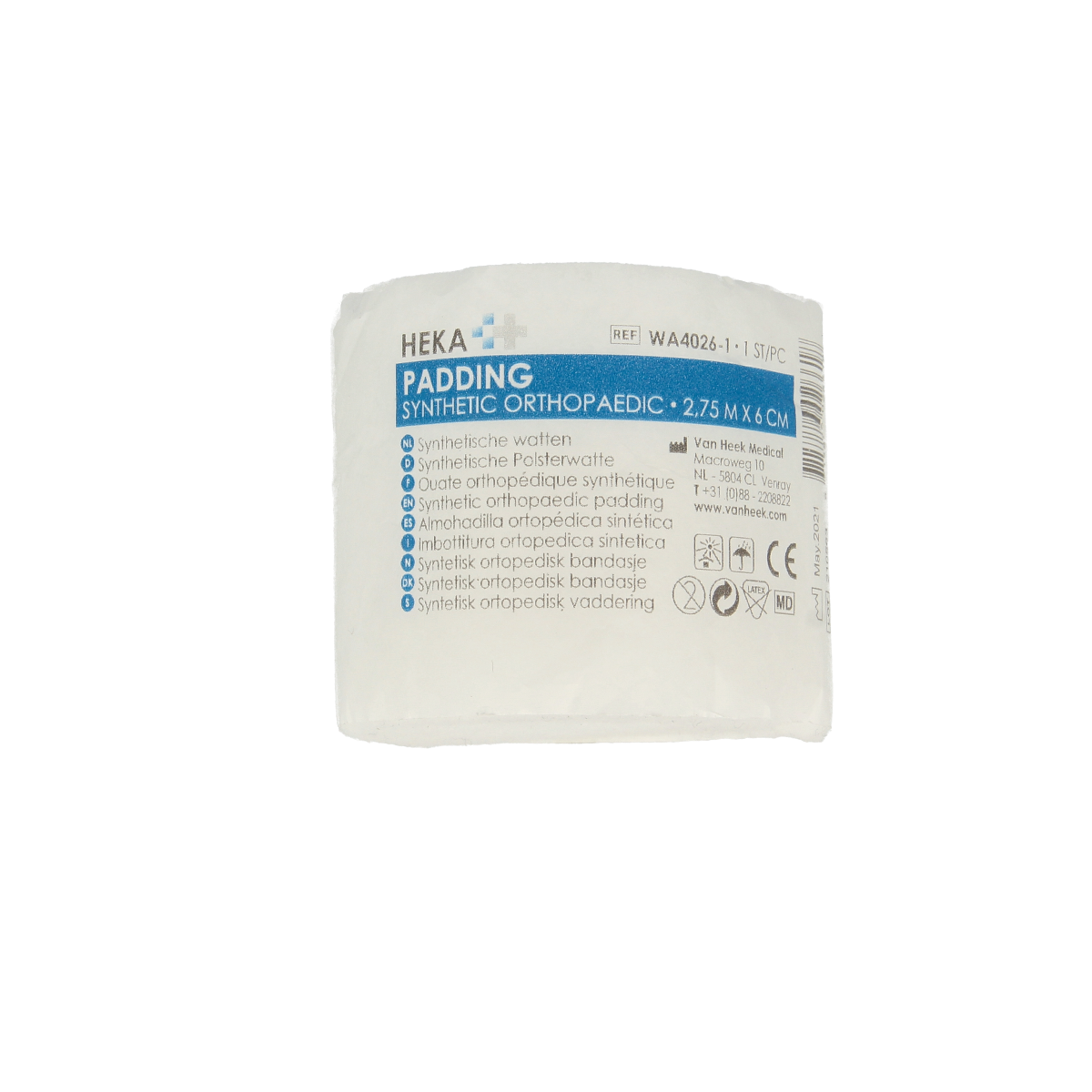 Heka synthetic cotton roll, 2.75 x 6cm, soft medical-grade watten in a single rolled package, suitable for wound care.