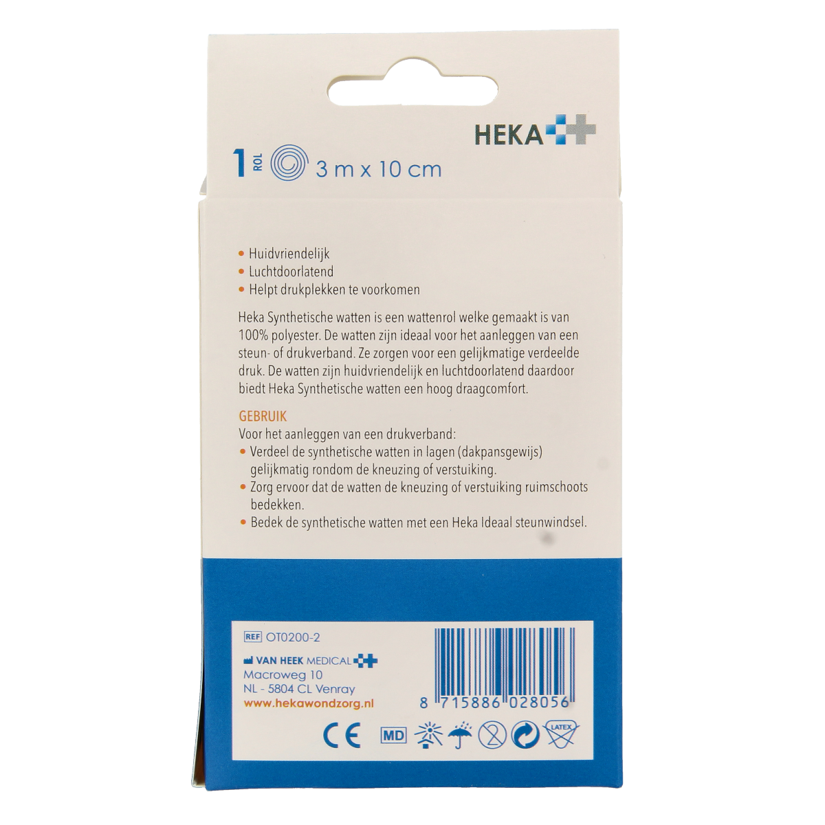 Heka synthetic cotton wool roll, 3m x 10cm, for medical or cosmetic use, shown as a close-up of the white cotton wool strip.