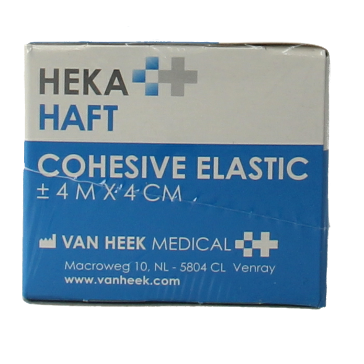 Hekahaft cohesive windsel 4m x 4cm adhesive bandage roll for secure wound support, shown in packaging.