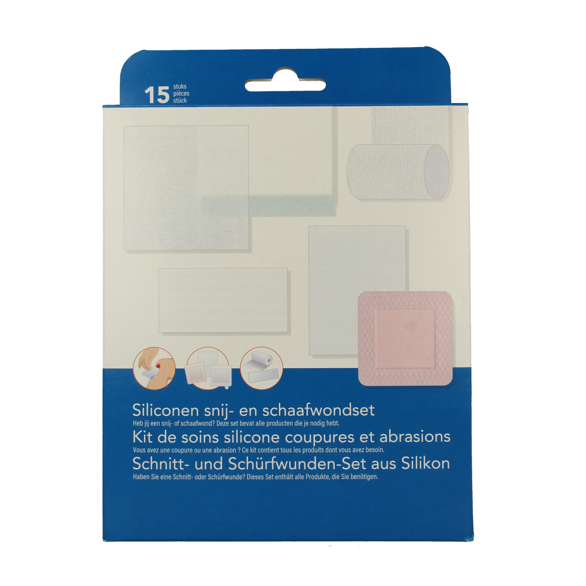 Heka siliconen snij- en schaafwondset with adhesive bandages and tape, designed for treating cuts and bruises.