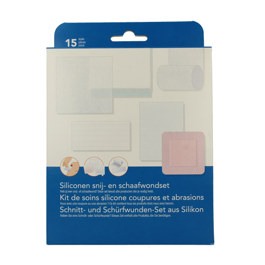 Heka siliconen snij- en schaafwondset with adhesive bandages and tape, designed for treating cuts and bruises.