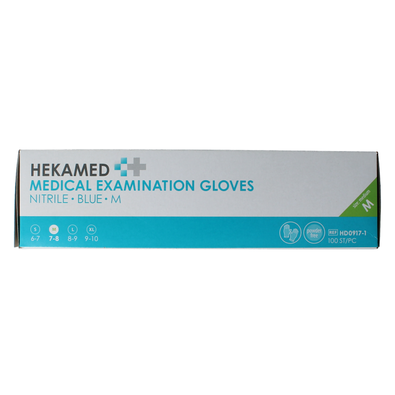 Pair of Heka Hekamed soft nitrile medical gloves in size M, displayed in a box of 100 protective gloves.