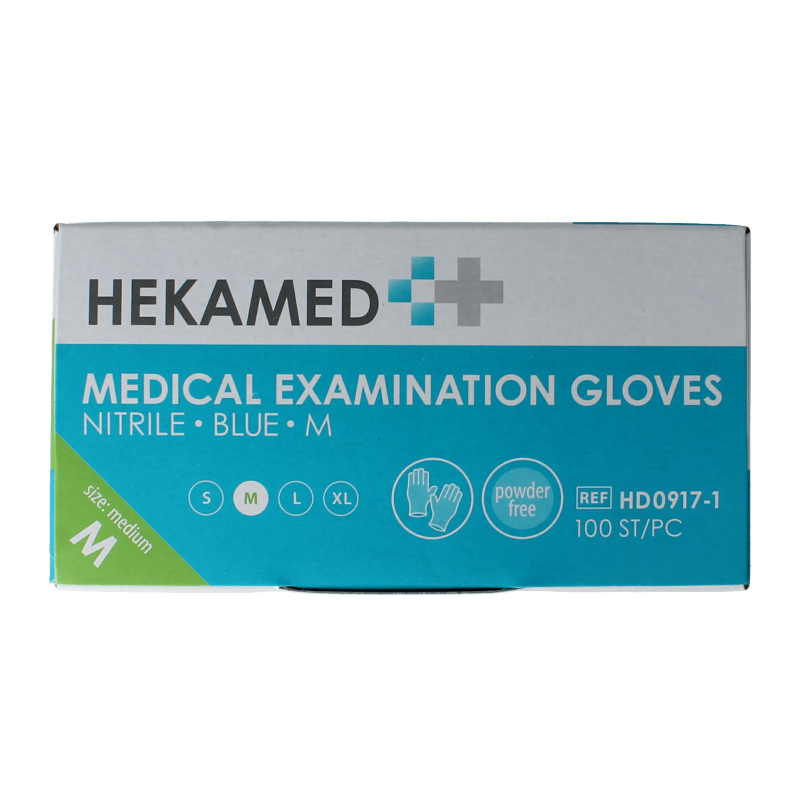 Pair of Heka Hekamed soft nitrile medical gloves in size M, 100-pack, showing the blue protective gloves' texture and fit.