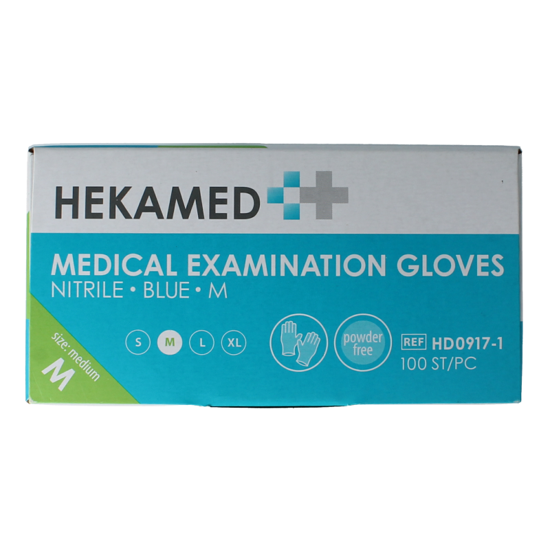 Pair of Heka Hekamed soft nitrile medical gloves in size M, shown in a box of 100 protective gloves for healthcare use.