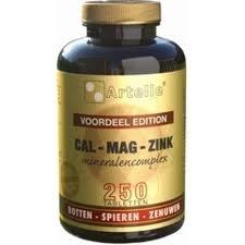 Artelle Calcium, Magnesium, and Zinc mineral tablets in a bottle, supplement for supporting bone health and mineral balance.
