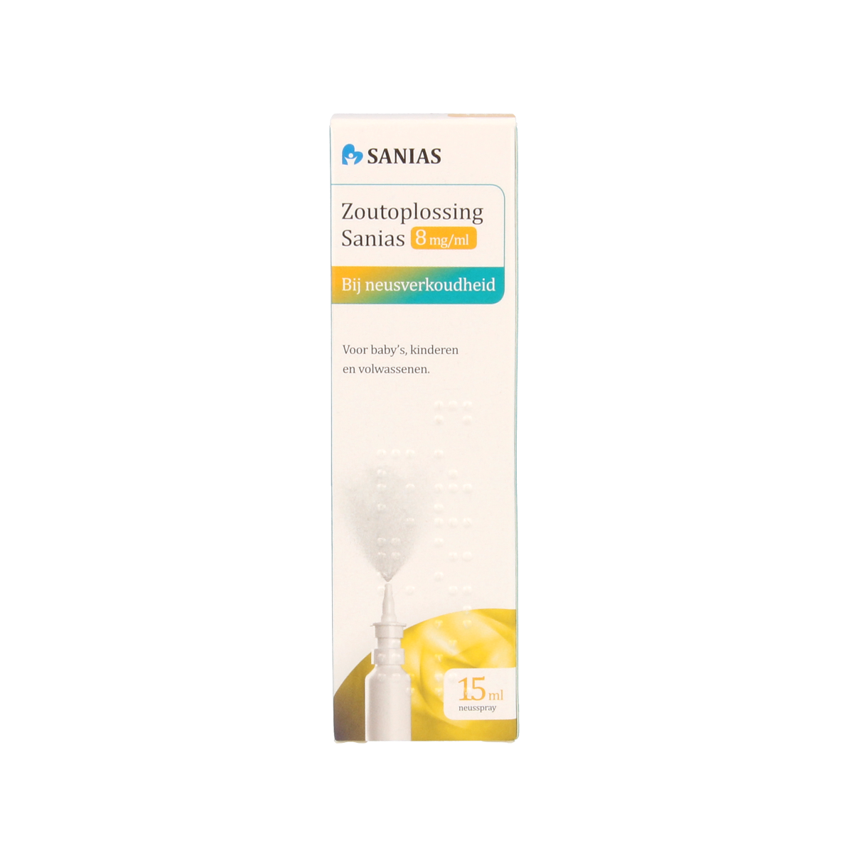 Sanias Zoutoplossing neusspray 8mg/ml in 15ml bottle, nasal care and inhalation product with brand logo visible.