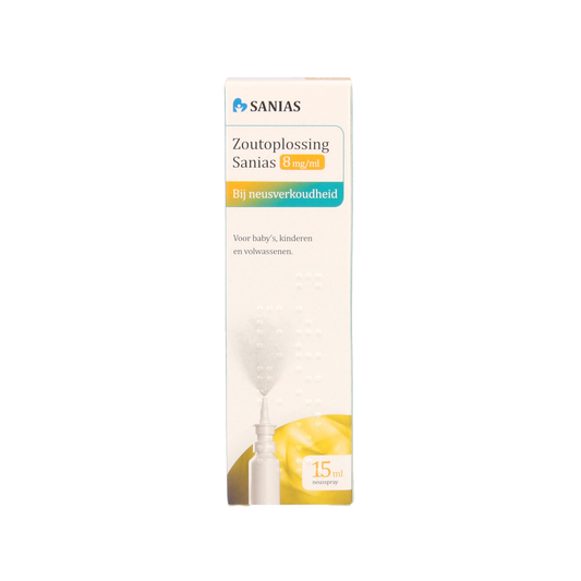 Sanias Zoutoplossing neusspray 8mg/ml in 15ml bottle, nasal care and inhalation product with brand logo visible.