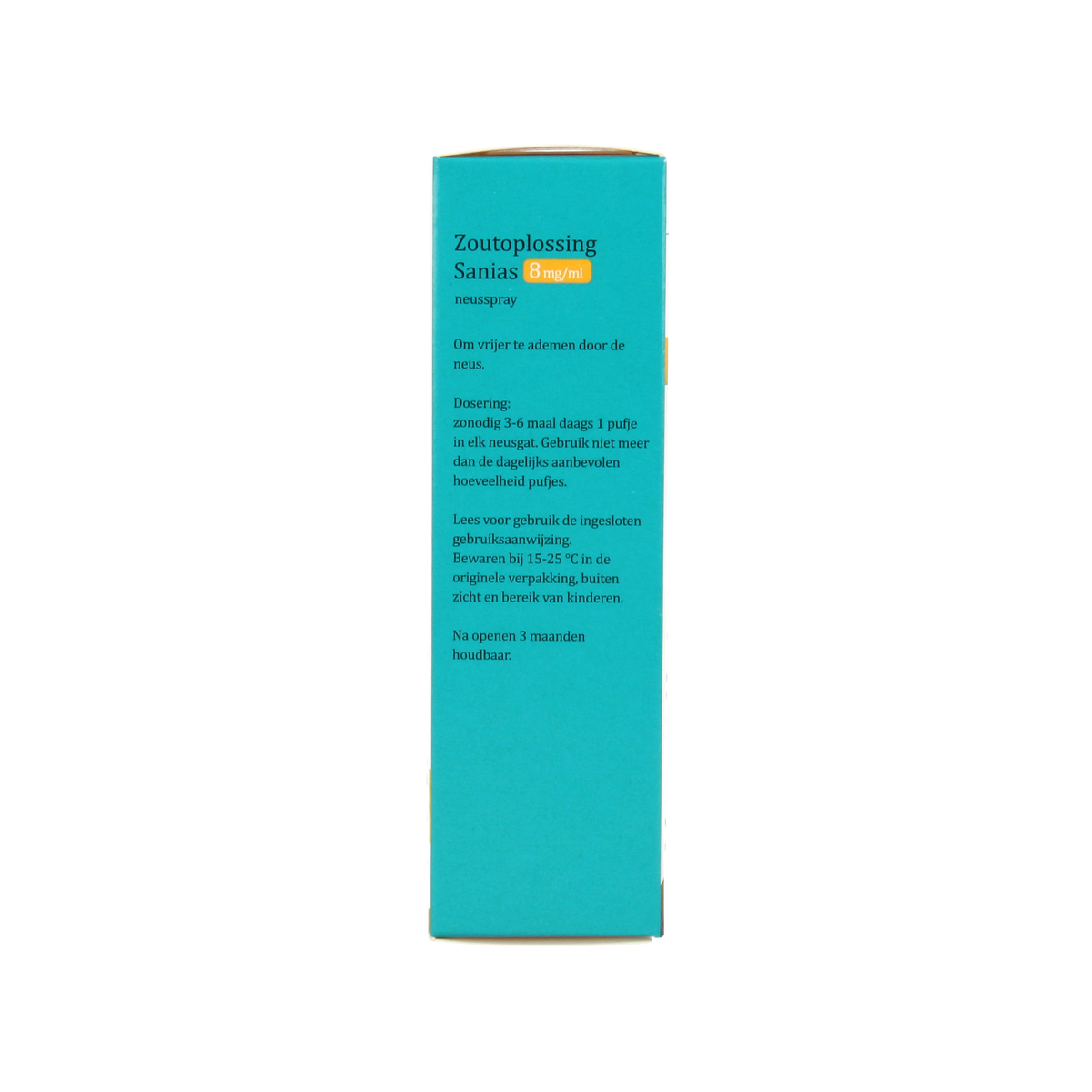 Sanias Zoutoplossing neusspray 8mg/ml in 15ml bottle, nasal care and inhalation product with sterile saline solution.