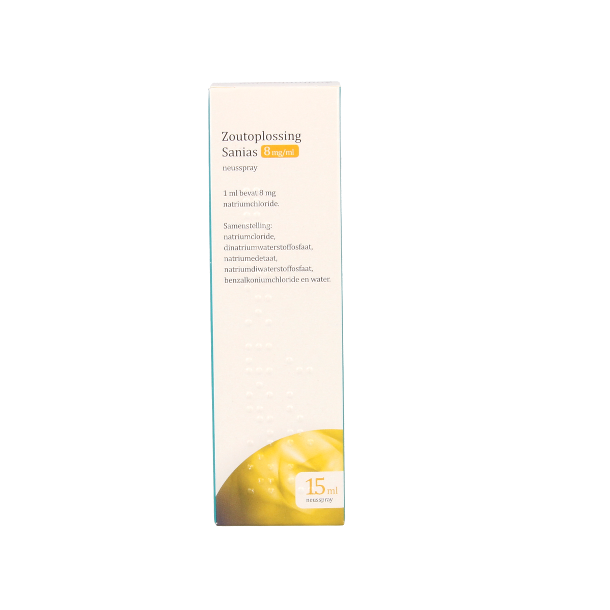 Sanias Zoutoplossing neusspray 8mg/ml in 15ml bottle, nasal care and inhalation product with nasal spray nozzle.