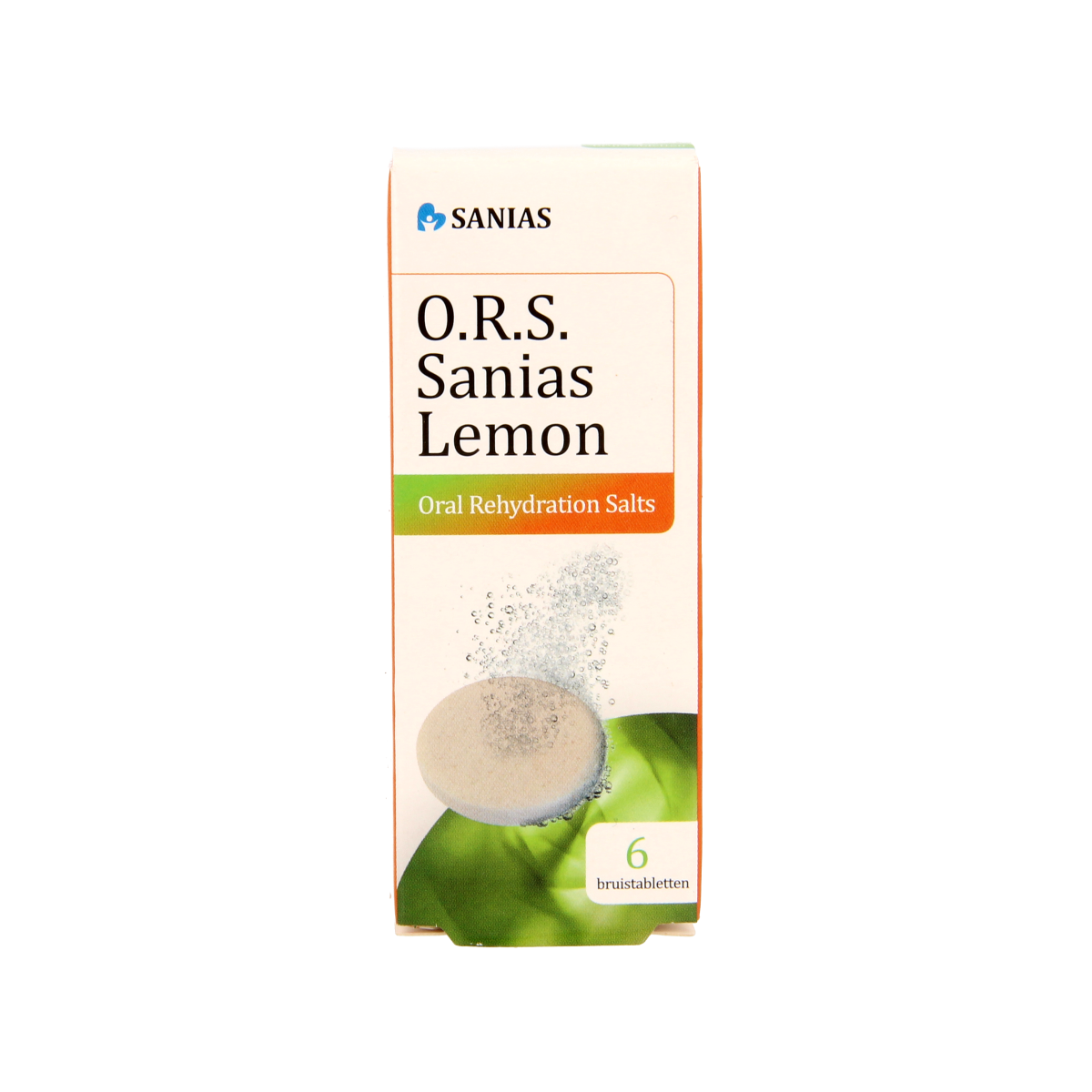 Sanias ORS lemon mineral multivitamin effervescent tablets, 6 pieces, with lemon flavor and mineral blend in a blister pack.