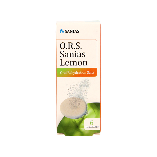 Sanias ORS lemon mineral multivitamin effervescent tablets, 6 pieces, with lemon flavor and mineral blend in a blister pack.