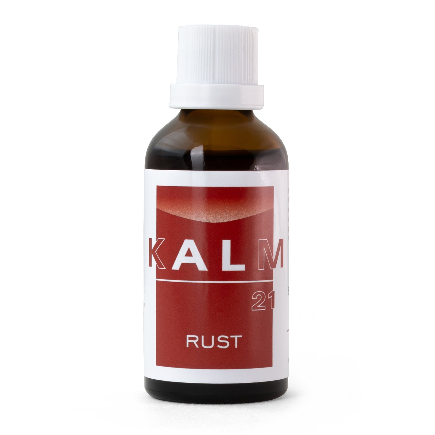 Kalm 21 Stress Min herbal supplement bottle, 50ml, in a natural setting with herbal ingredients displayed.