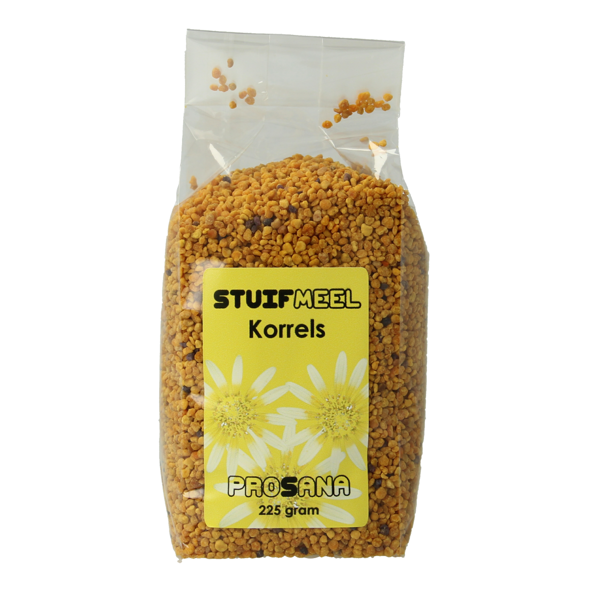 Prosana Kruidenpreparaten Stuifmeel korrels, 225g, showing golden pollen granules in a clear container.
