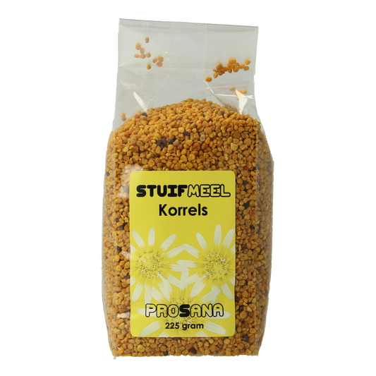 Prosana Kruidenpreparaten Stuifmeel korrels, 225g, showing golden pollen granules in a clear container.