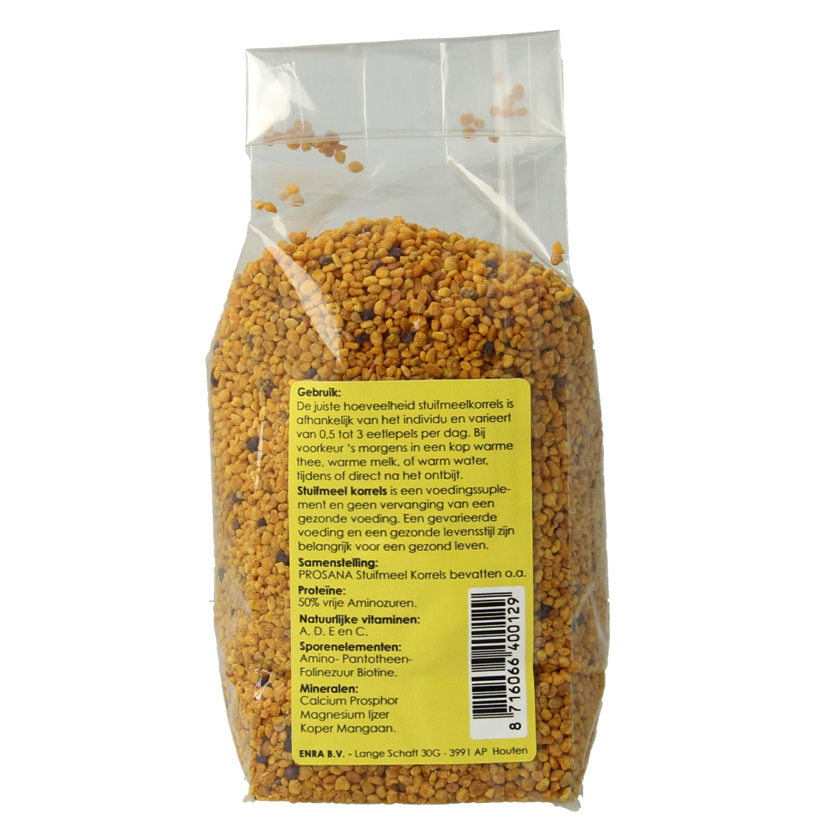 Prosana Kruidenpreparaten Stuifmeel korrels 225g, natural pollen supplement in a clear container, close-up view.