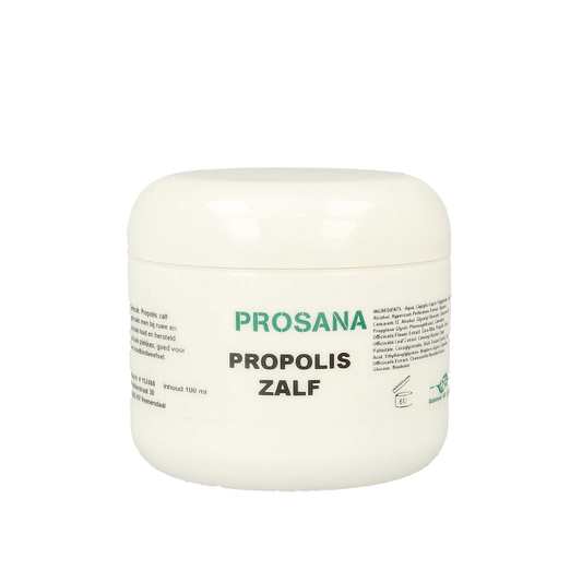 Prosana Propolis Zalf in 100ml tube, a natural body care product with propolis for skin soothing and healing.