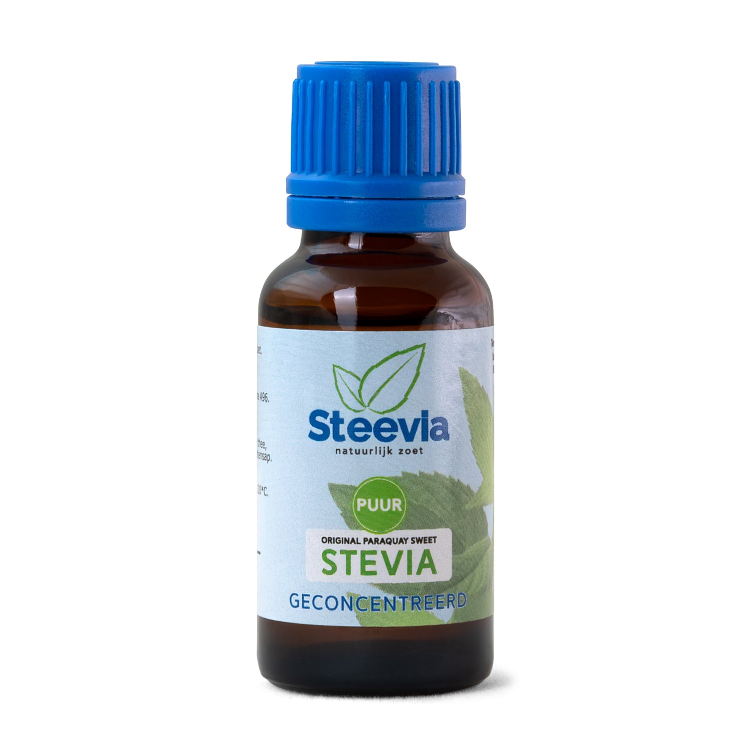 Steevia Stevia 20ml bottle of natural sweetener from Steevia, with a clear label and green accents on a white background.