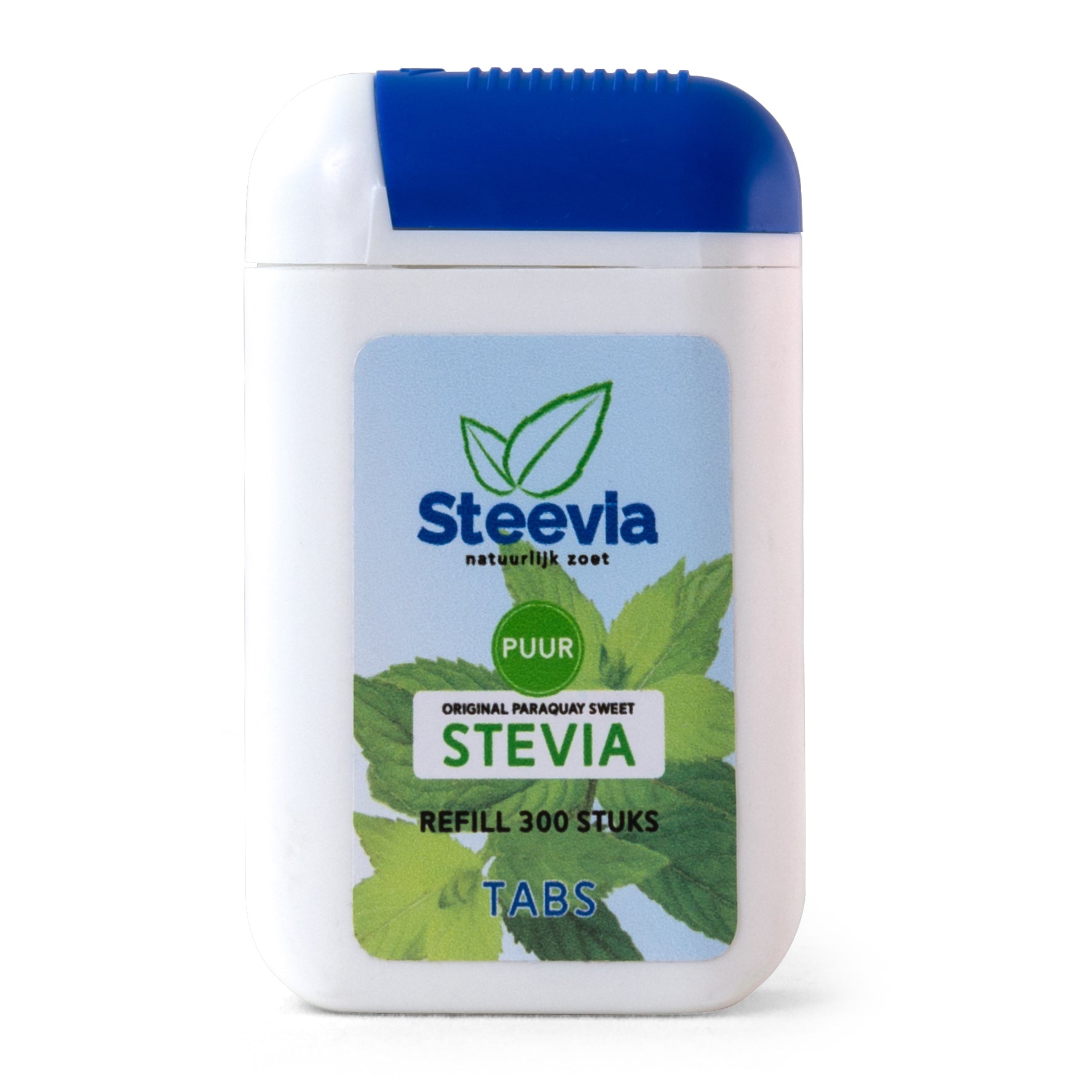 Box of Steevia Stevia tablet refill pack with 300 tablets, natural sweetener from the brand Steevia, shown in the image
