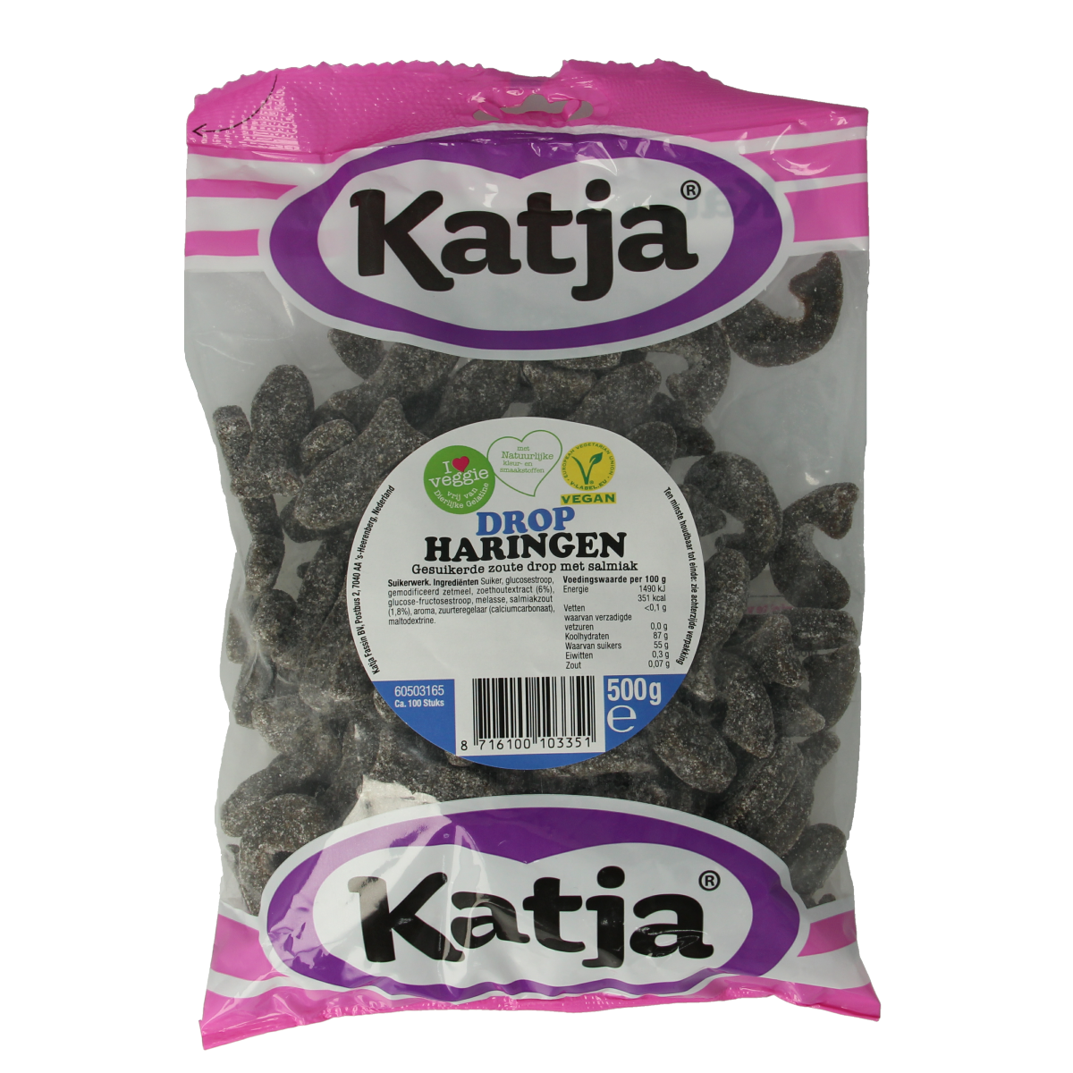 Katja Dropharingen snoepgoed in een zak van 500 gram, kleurrijk en zoet, geschikt voor liefhebbers van fruitige snoepjes.