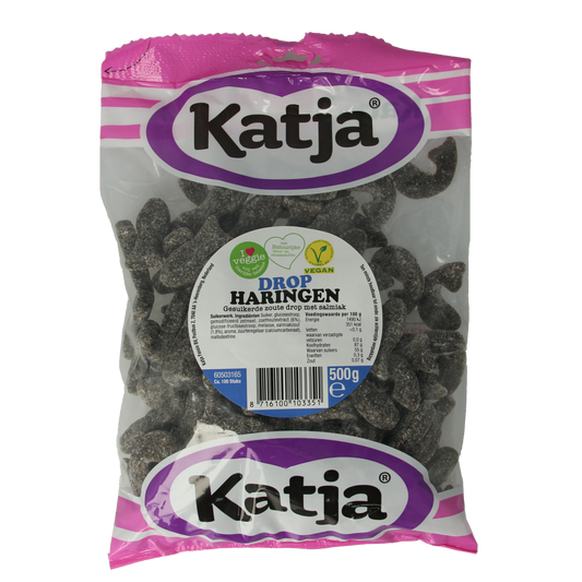 Katja Drop Raspberries in a 500g bag of colorful candy coated snoepgoed with bright packaging.