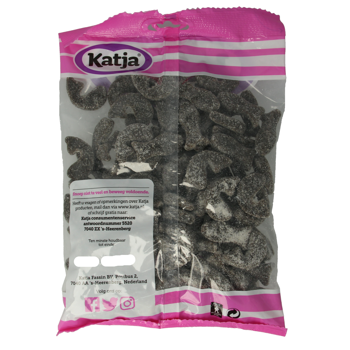 Katja Dropharingen zakje with 500g of colorful candy drops, showing bright, chewy sweets in a clear bag.