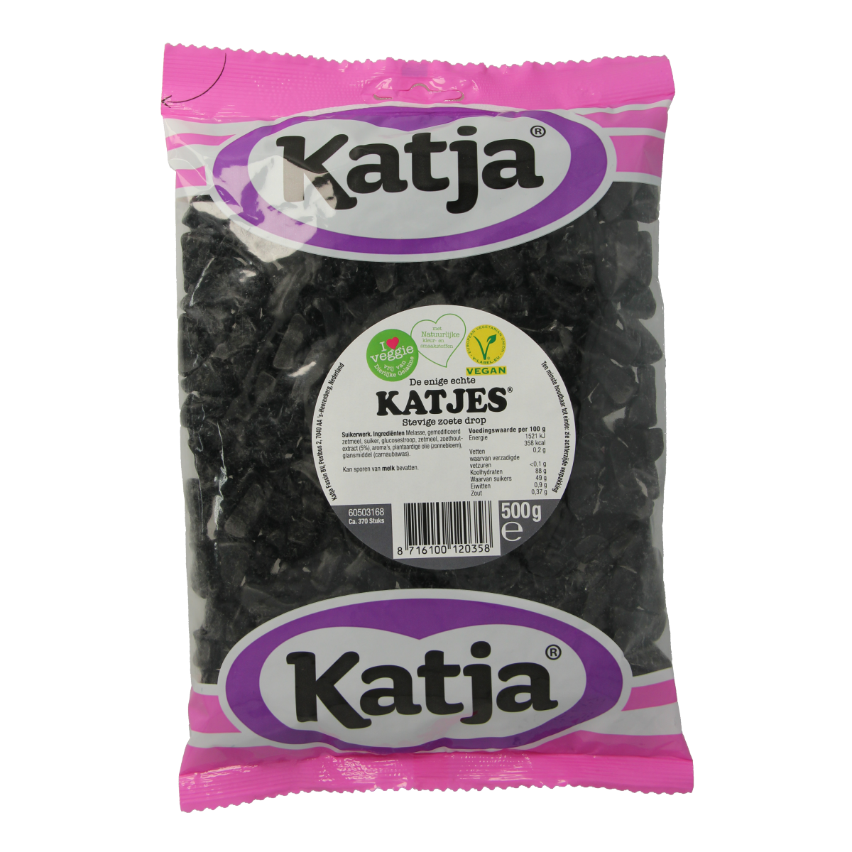 Katja Katjesdrop zakje 500g with colorful, chewy drop candies in a clear plastic bag, showcasing vibrant sweets.