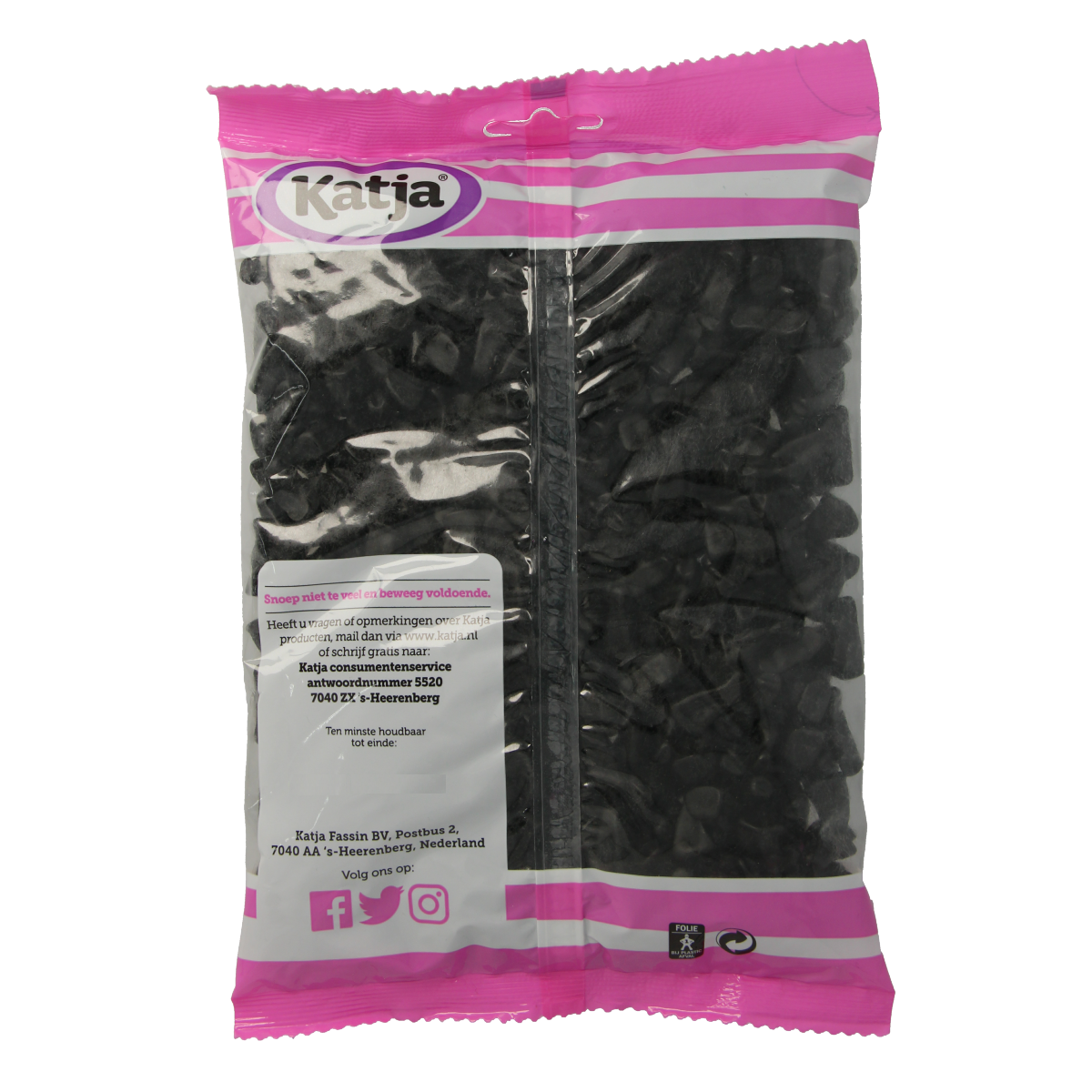 Katja Katjesdrop zakje 500g, colorful chewy candy in a clear bag with Katja branding, ready for snacking.
