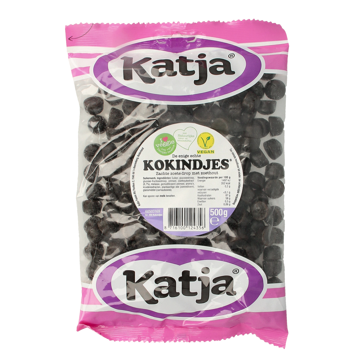 Katja Kokindjes snoepgoed in 500g zakje, colorful soft candies with a sweet and chewy texture, displayed in a clear bag.