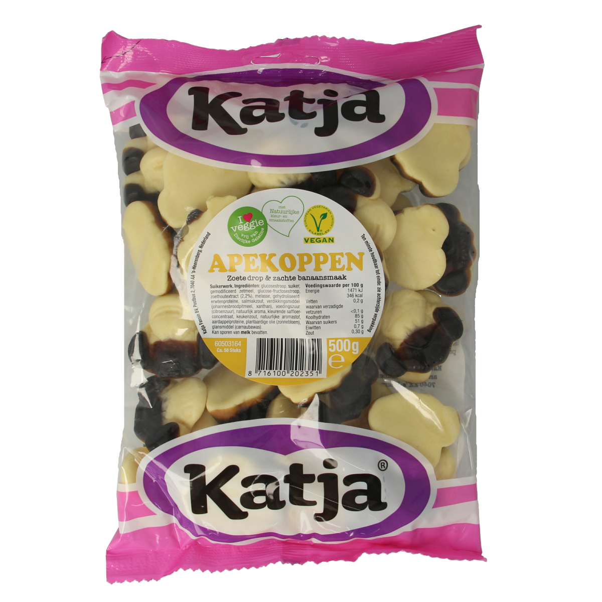 Katja Apenkoppen snoepgoed in 500g bag, colorful gummy ape-shaped candies from the Katja brand.