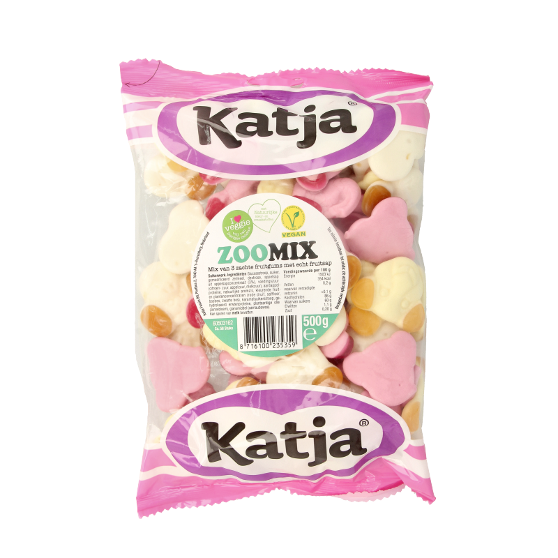 Katja Zoo mix snoepgoed zakje van 500 gram, kleurrijk assortiment met diverse zoetigheden en fruitige lekkernijen.