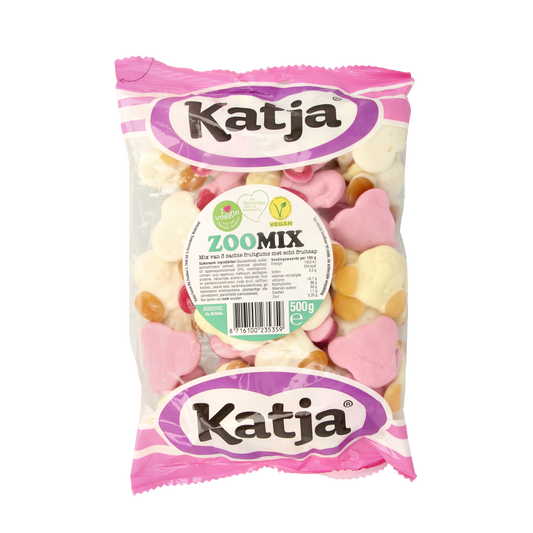 Katja Zoo mix snoepgoed in 500g bag, colorful gummy candies and sweets, displayed in a clear bag with a playful design.