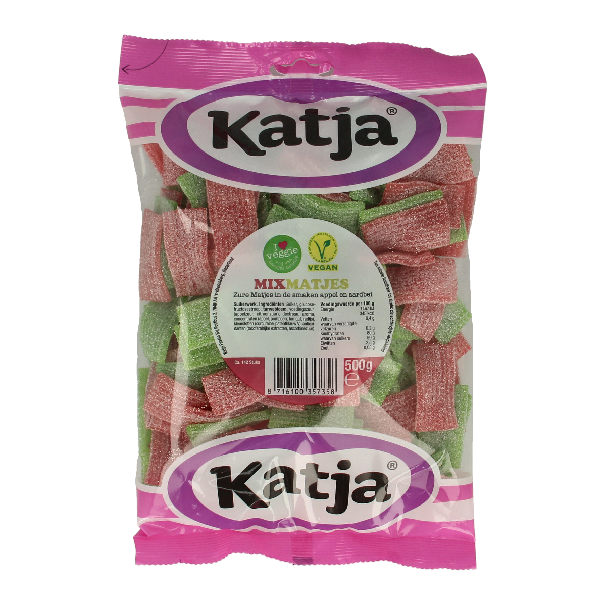 Katja Mix matjes snoepgoed in 500g bag, colorful assorted candies with vibrant packaging and fruity shapes.