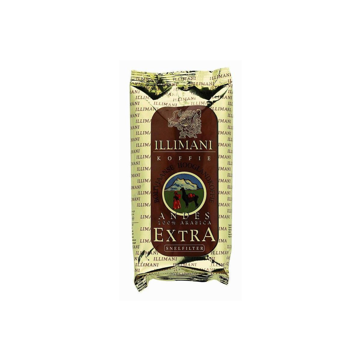 Illimani Andes bio coffee and tea filter packaging, 250 grams, with branding and product label visible.