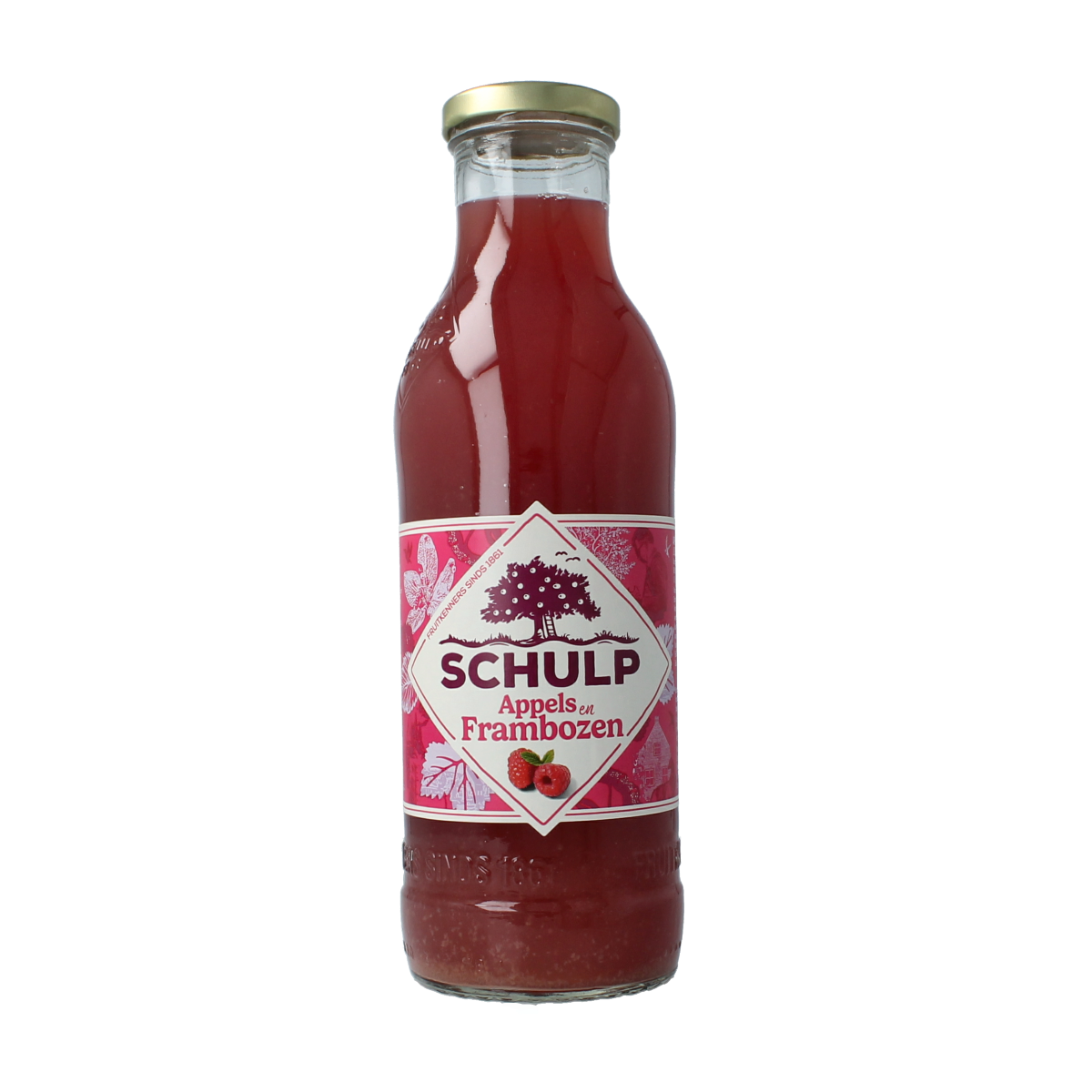 Schulp Appel en frambozensap 750ml bottle showing colorful label with apples and raspberries on a white background.