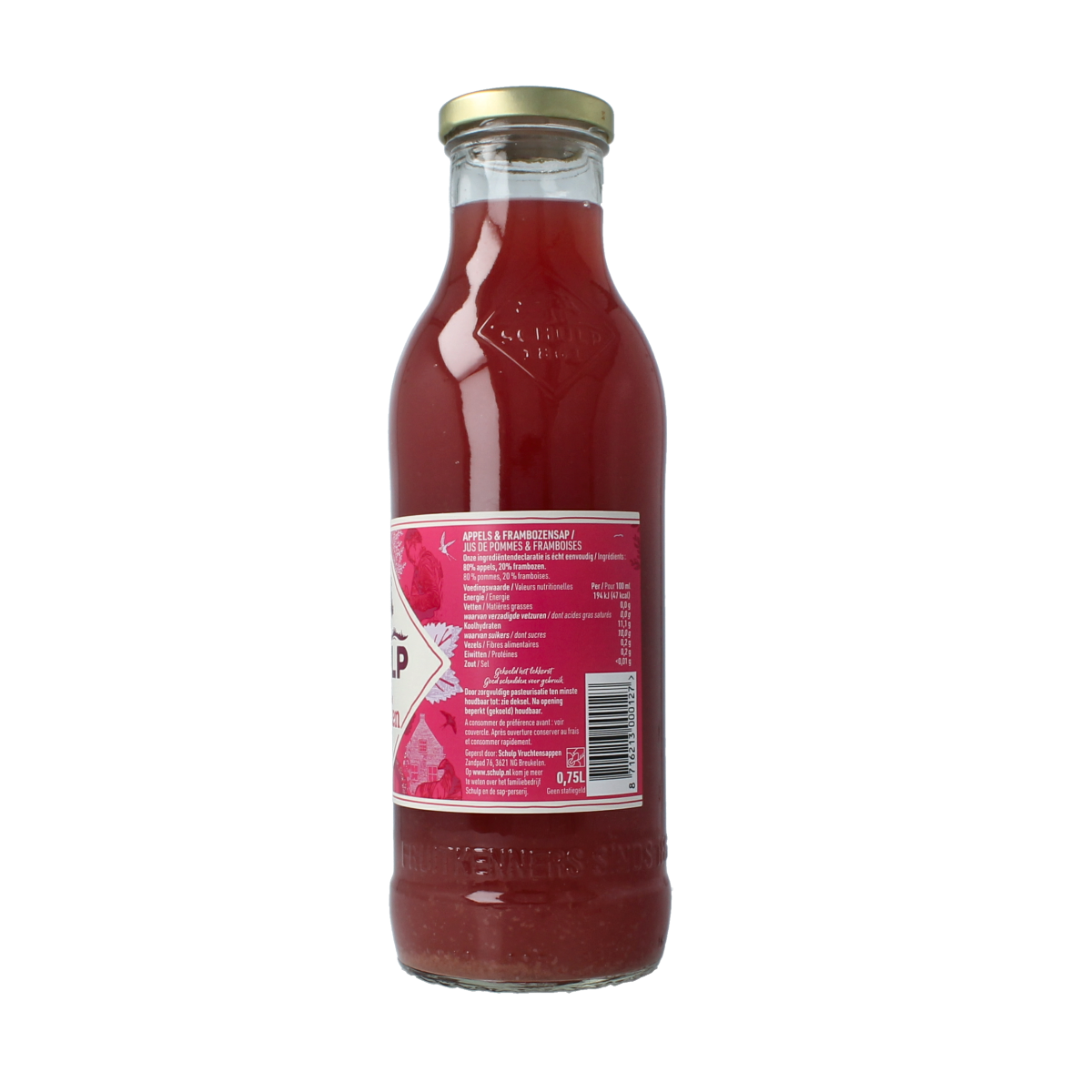 Schulp apple and raspberry juice in a 750ml bottle, featuring fresh fruit flavors and vibrant packaging.