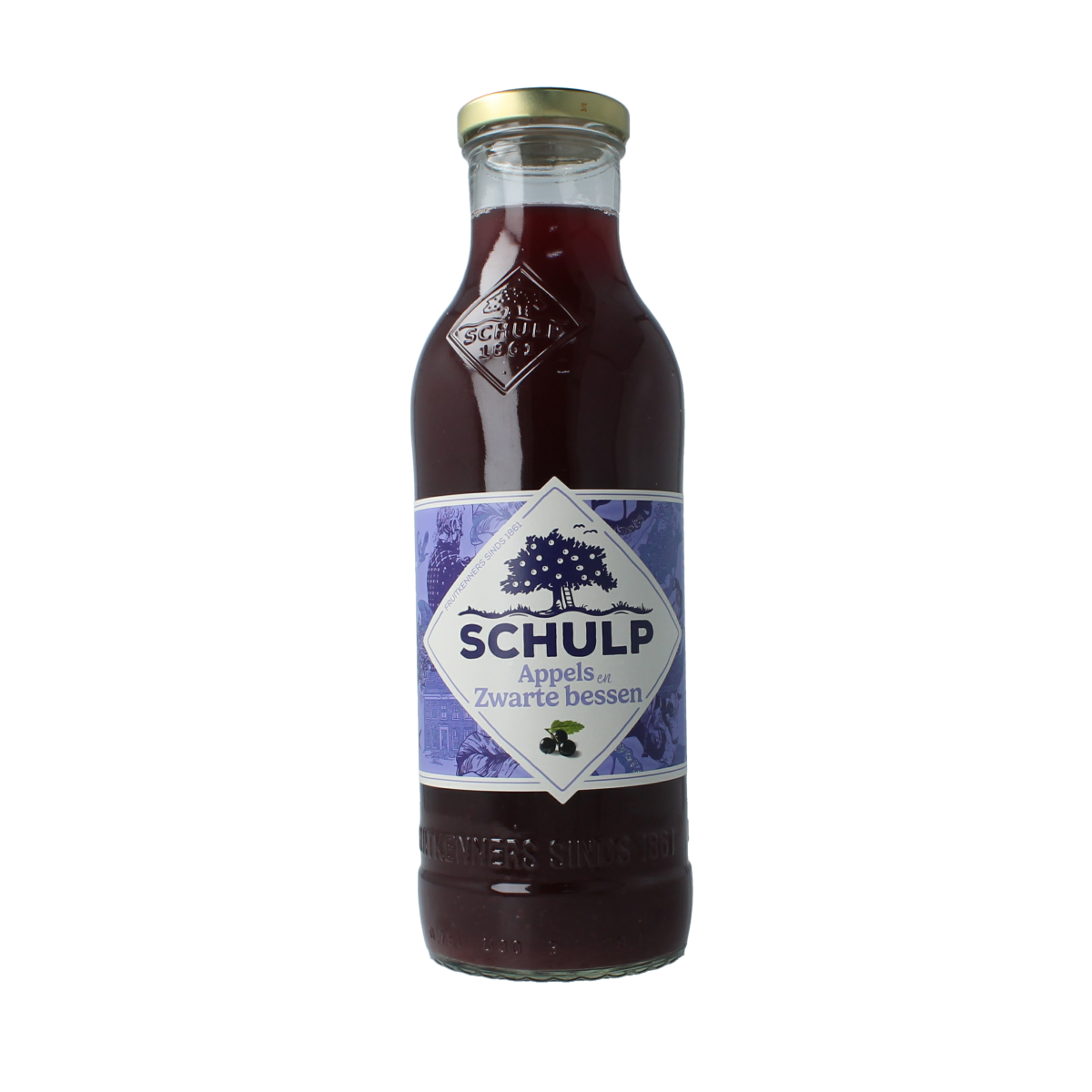 Schulp Appel en Zwarte Bessensap in 750ml bottle, natural fruit juice with apple and black currant flavors.
