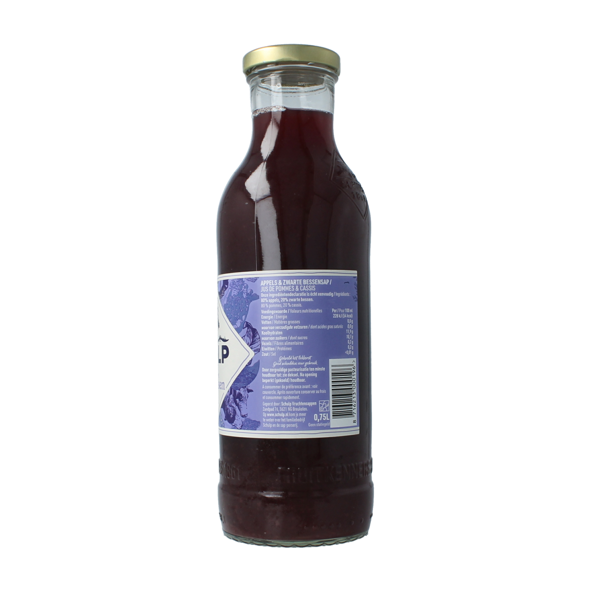 Schulp Appel en zwarte bessensap in 750ml fles, fruit drink with apple and black currant flavors, natural beverage.